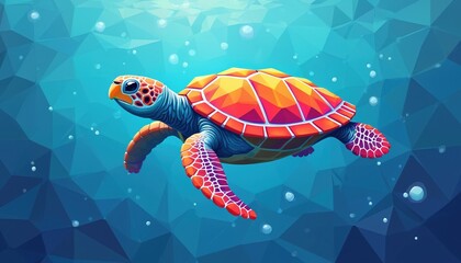 Colorful turtle illustration swims underwater in geometric blue ocean. Visual polygon art turtle portrait. Pop art drawing reptile with modern abstract triangle design. Marin wild sea icon.