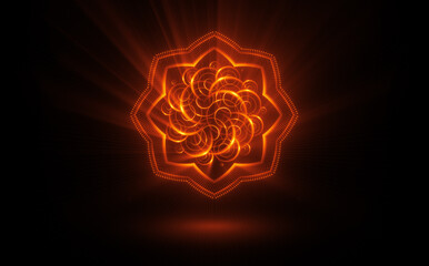 Holy vibrations of light. Spirit energy. Shining esoteric waves. .Mandala on black background. Flower spirit. Glow mehndi. flickering forms. .Colorful star. Kaleidoscope shape. Spiritual motifs