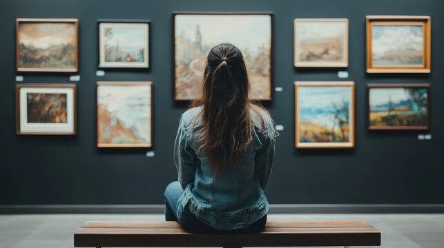 A Woman Contemplates Paintings Displayed On A Museum Wall
