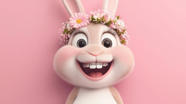 funny portrait of smiling cute easter bunny with floar headband and with teeth braces, smiling, solid pink felt background