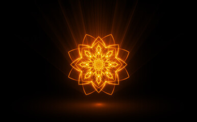 Holy vibrations of light. Spirit energy. Shining esoteric waves. .Mandala on black background. Flower spirit. Glow mehndi. flickering forms. .Colorful star. Kaleidoscope shape. Spiritual motifs
