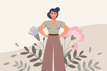 Empowered confident woman on floral background. Feminism and equality concept. Flat illustration.