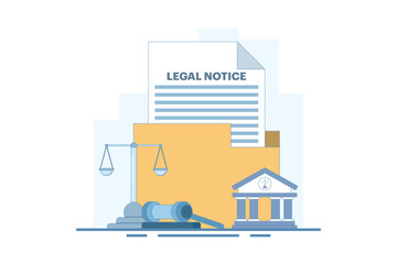 Legal Notice Concept. Legal Notice Document with Judge's Hammer. Corporate documents, agreement review, data protection metaphor. Flat Vector Illustration on Background.