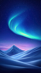 Spectacular night sky filled with bright aurora borealis dancing over a starry winter wonderland landscape