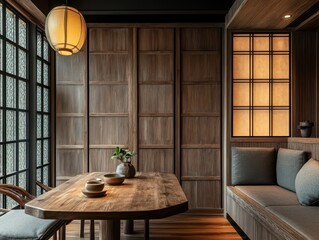 A beautifully designed dining area showcases wood and warm lighting