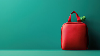 Vibrant red bag set against a lush green background representing nostalgic school journey and exploration