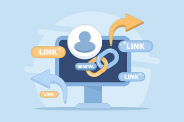 share link concept. send and spread link to others or friends. user security in accessing link, marketing, address, information, customers. account symbol and share link.