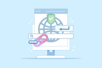 secure link concept. secure website address. user security in accessing website. surfing the internet safely. browsing. chain symbol and search bar. flat style design illustration in background.