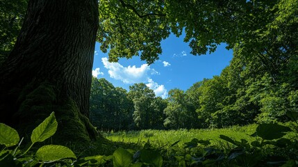 Lush green forest with sunlit clearing, large tree trunk, and blue sky visible through canopy.
