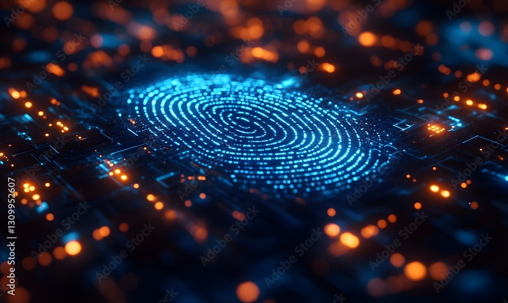 Poster digital fingerprint security on circuit board technology with glowing data