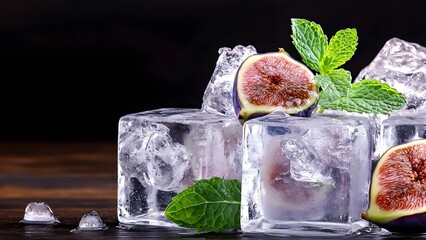 Frozen ice cubes with fresh figs and mint leaves arranged on a dark background. Concept Fresh Figs, Mint Leaves, Ice Cube Aesthetics, Dark Background, Refreshing Beverage Garnish