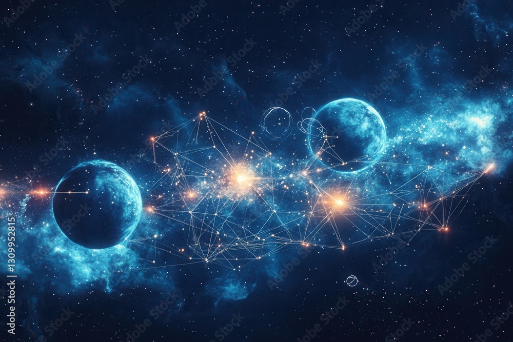 Aufkleber dreamy cosmic landscape with planets and glowing connections under a deep blue nebula in a magical c