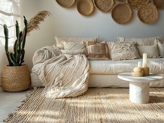 Minimalist decor featuring round white plate on wall, straw accent, pastel hues, and delicate gold accents amidst lush greenery and natural textures.