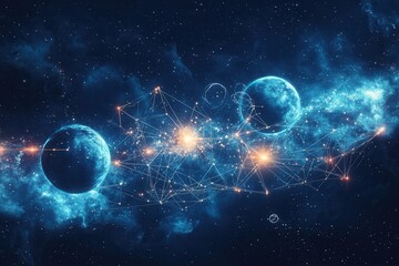 Obraz premium Dreamy cosmic landscape with planets and glowing connections under a deep blue nebula in a magical celestial setting