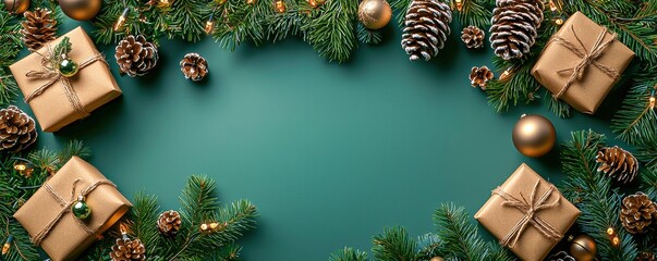 Festive Christmas card design with green background, featuring holiday decorations like pine branches, baubles, and wrapped gifts, perfect for Instagram stories and seasonal greetings.