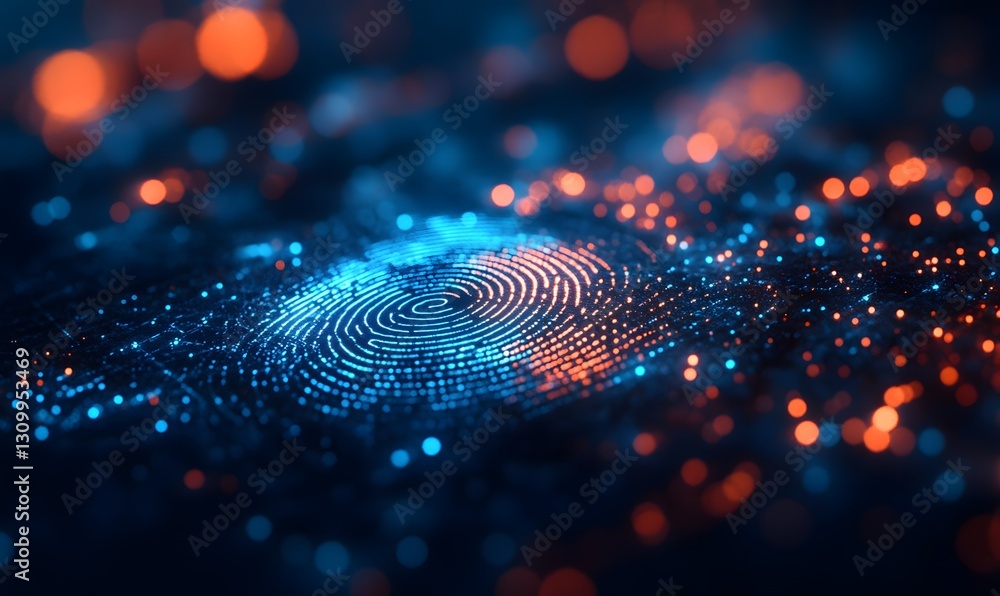 Poster futuristic fingerprint with glowing particles and bokeh effect for security tech