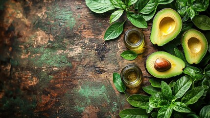 Healthy Juicy Avocado Recipe Cooking Liquid Oil on Wooden Background - Organic Green Delicious Fruit.