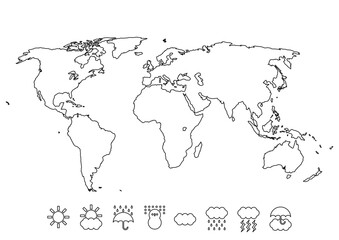 世界地図と天気記号アイコンのイラスト（黒ライン）