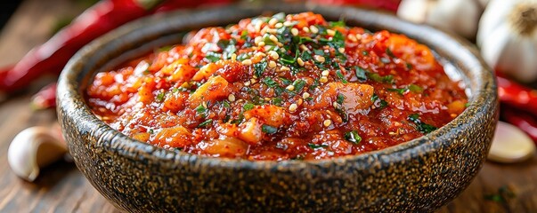 Tangy Red Gochujang Sauce in Traditional Korean Meal Bowl, Spicy Food Delight with Sesame Oil