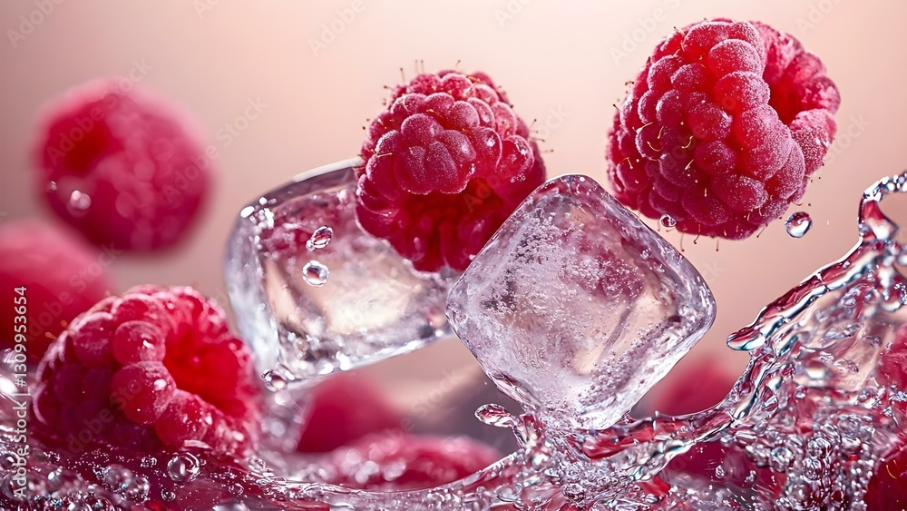 Poster fresh raspberries surrounded by ice cubes and splashes of water, creating a refreshing and vibrant s