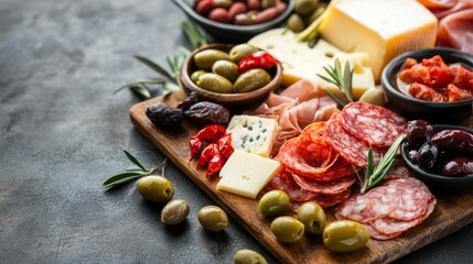 A rustic wooden board displays an enticing Italian antipasti spread, showcasing an array of cheeses, salami, olives, and sun-dried tomatoes, perfect for wine pairing