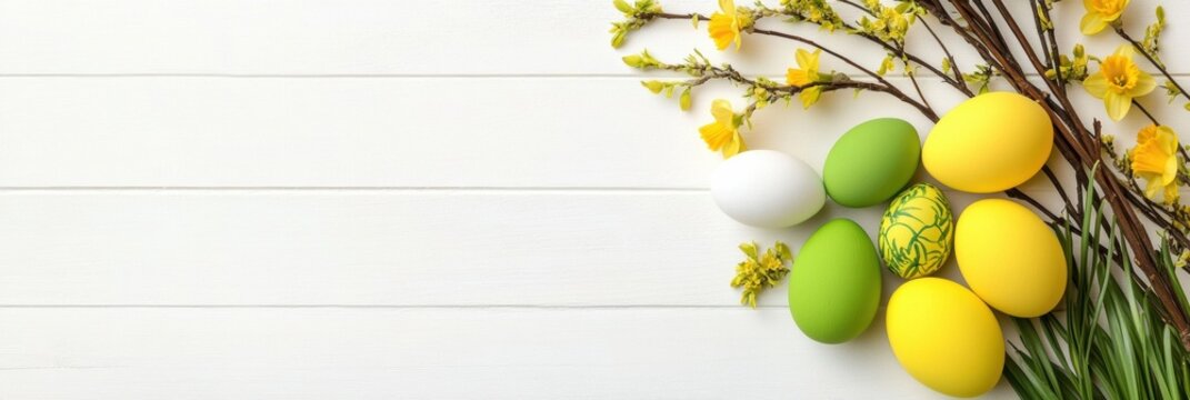 Vibrantly colored Easter eggs are artfully arranged among fresh blooms, capturing the joyous essence of spring and celebrating delightful gatherings with family and friends during this special season