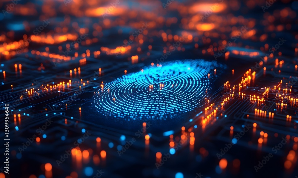 Poster futuristic fingerprint scan on circuit board for digital identification