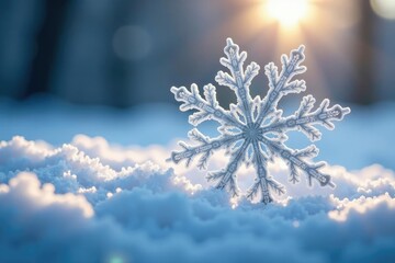 Large silver snowflake illuminated by soft sunlight on fresh snow, silver, flake, snow