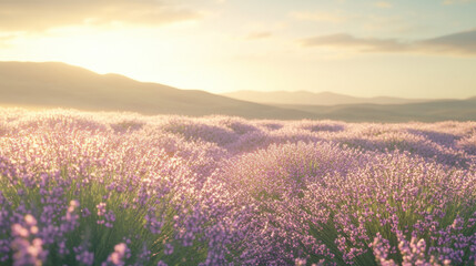Fototapeta premium A vast lavender field in full bloom, delicate purple flowers stretching toward the horizon, bathed in warm golden hour light