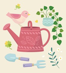 Cute Gardening illustrations with pots, watering can and birds