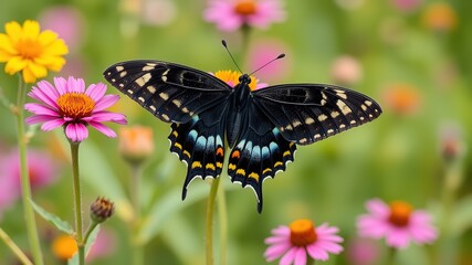 Naklejka premium Black Swallowtail Butterfly on a Summer Meadow