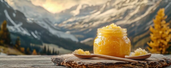 Yellow Tallow Fat in Wooden Container with Spoon, Animal Fat Solid Ingredient in Jar.