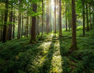 Fototapeta premium A lush forest with sunlight filtering through the trees