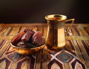 Traditional Ramadan dates and a golden tea cup on a decorative tablecloth