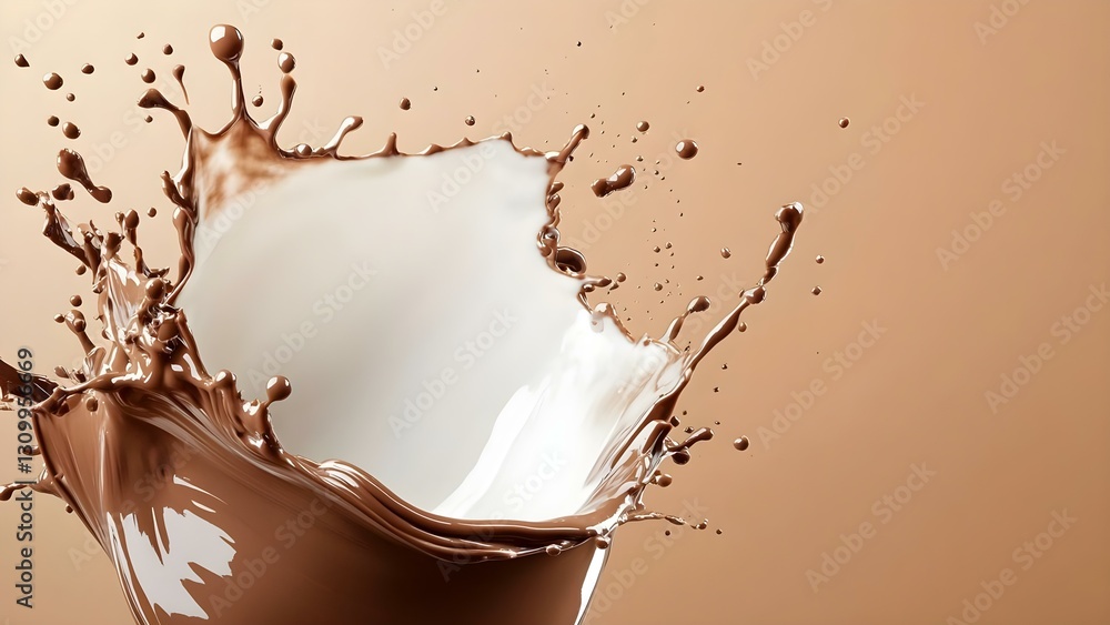 Aufkleber a splash of chocolate and milk with droplets against a beige background, creating a dynamic and visu