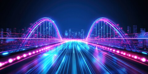 Light trails illuminating futuristic bridge in vibrant cityscape, symbolizing speed, technology, and modern urban development