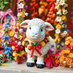 Colorful garlands wrapped around a sheep figurine, spring, bows