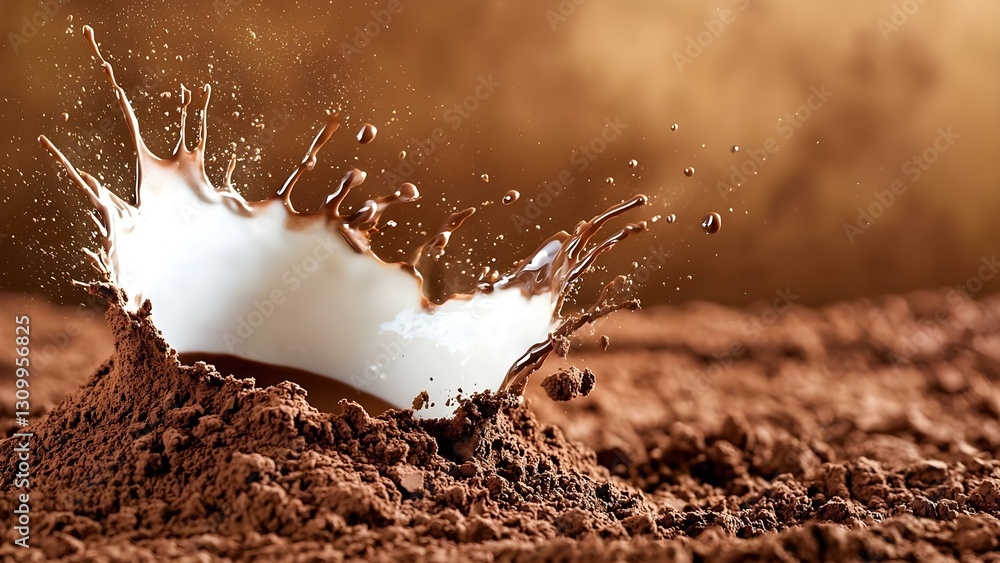 Poster a splash of chocolate liquid rising from a mound of cocoa powder, creating an artistic and dynamic v