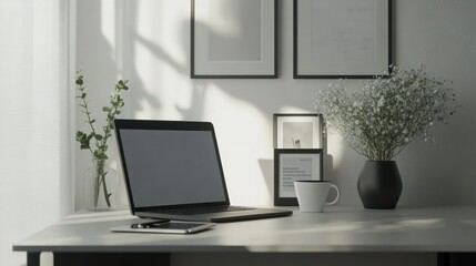 Modern home office workspace with laptop, sunlight