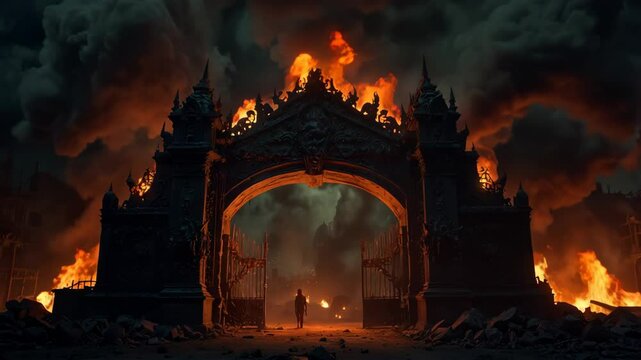 Large ancient gate of HELL engulfed in flames, illuminating night sky with dramatic display. Surrounding ruins dark apocalyptic atmosphere filled with chaos and despair. halloween and game background