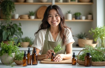 Smiling woman blends essential oils in workshop among plants, herbs, bottles. Natural skincare production. Handcraft organic beauty, homemade herbal products, small business, bricolage, sustainable
