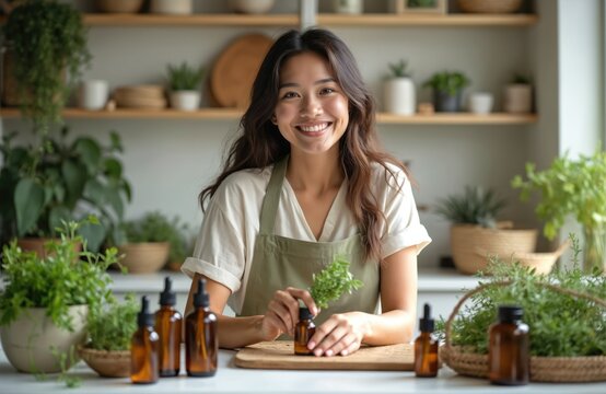 Smiling woman blends essential oils in workshop among plants, herbs, bottles. Natural skincare production. Handcraft organic beauty, homemade herbal products, small business, bricolage, sustainable