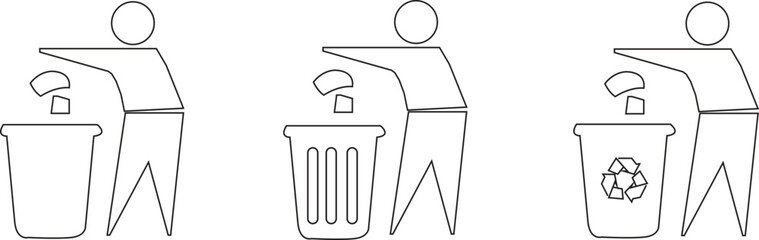 Tidy man man throw garbage in dustbin icons set keep clean, dispose of carefully and thoughtfully symbol isolated on white background. 
