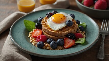Delicioso desayuno con waffles, huevo frito y frutas variadas: ar&aacute;ndanos, moras, frambuesas y fresas en un entorno r&uacute;stico