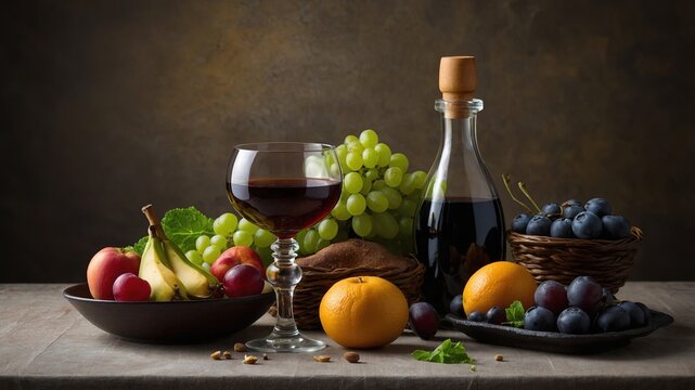 Presentaci&oacute;n vibrante de frutas frescas y vino tinto en una mesa r&uacute;stica: uvas, manzanas, pl&aacute;tanos y ciruelas con una botella de vino