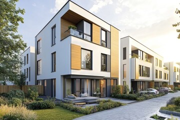 Modern row houses with contemporary architecture, featuring a patio area and balconies, situated along a paved walkway, surrounded by lush greenery. 