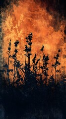 digital painting featuring thorny flowers intertwined within a dark pink and dark green abstract grunge background. The high-resolution textures bring out the delicate yet dangerous beauty of