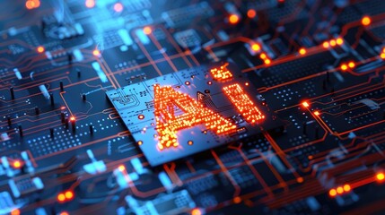 Obraz premium Bright core AI chip in modern circuit board with futuristic glowing highlights showing high-performance processor