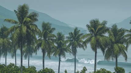 Obraz premium Misty Tropical Beach with Palm Trees