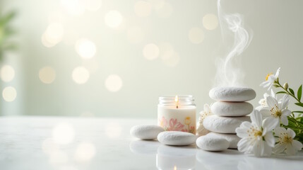 spa, candle, stones, aromatherapy, relaxation, towel, steam, water, blue, jar, oil, beauty, healthy, white flowers, bokeh, romantic
